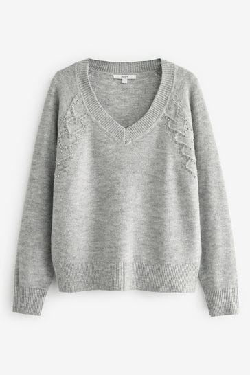 Buy Grey Heart Embelished V Neck Jumper from Next Australia