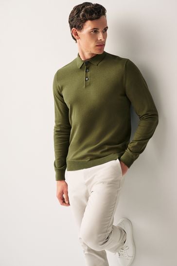 Olive green long sleeve polo shirt sales