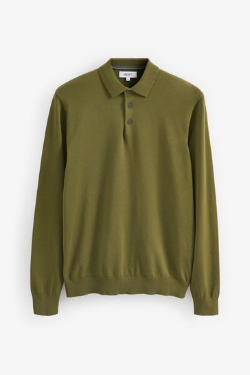 Buy Khaki Green Regular Knitted Long Sleeve Polo Shirt from Next Luxembourg