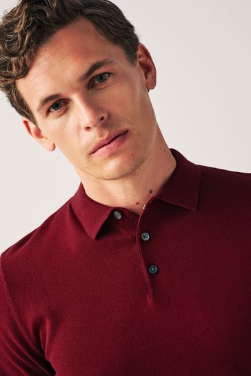 Red Regular Knitted Long Sleeve Polo Shirt