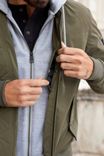 Khaki Green Bomber Jacket with Mock Jersey Hood