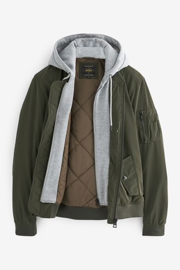 Buy Khaki Green Bomber Jacket with Mock Jersey Hood from Next