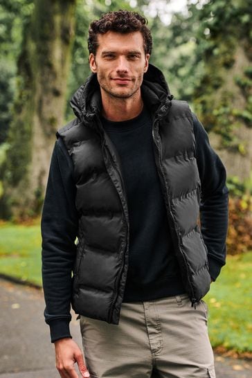 Black Shower Resistant Padded Hooded Gilet