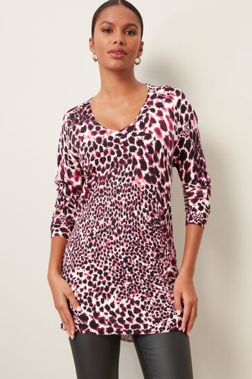 Buy Pink Animal Printed Cosy V Neck Long Sleeve Longline Tunic Jumper from Next Croatia