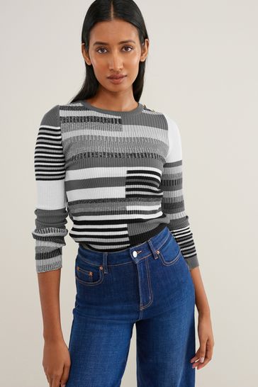 Buy Grey White Geometric Stripe Button Shoulder Jumper from Next