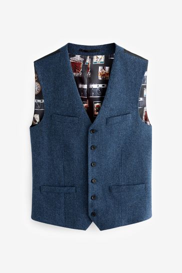 Buy Bright Blue Nova Fides Wool Blend Herringbone Waistcoat from