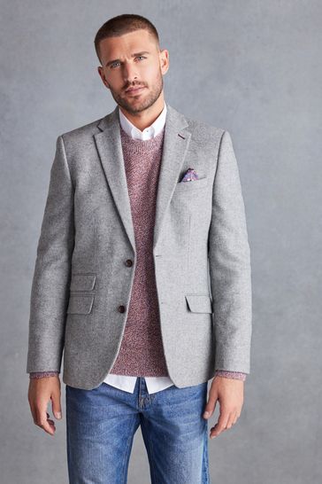 Buy Light Grey Slim Nova Fides Signature Herringbone Wool Blazer