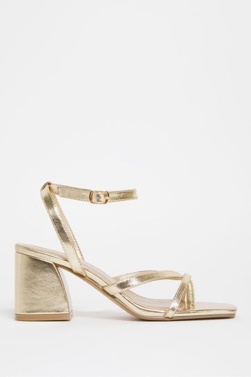 Simply Be Wide Fit Gold Tubular Asymmetric Strappy Block Heels Sandals