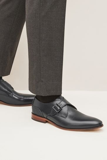 Black Leather Single Monk Shoes