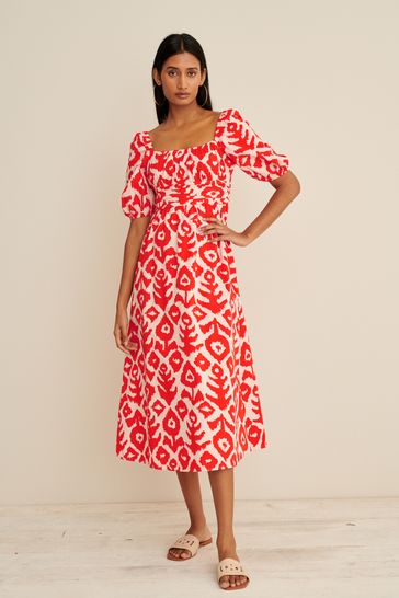 Buy Orange Print Puff Sleeve Square Neck Midi Dress from Next Lithuania