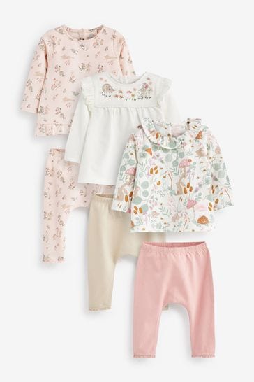 Pale Pink Floral Bunny 6 Piece Baby T-Shirts and Leggings Set
