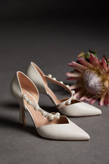 LK Bennett White Zelda Leather Pearl Trim Wedding Shoes