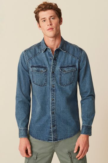 Buy Blue Denim Twin Pocket Long Sleeve Shirt from Next Ireland