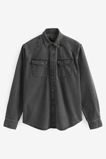 Mens black denim shirt long sleeve cheap