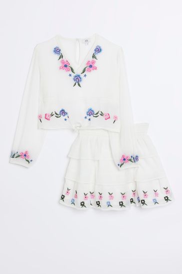 River Island Girls White Embroidered Two Piece