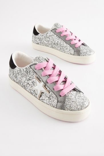 Silver/Pink Standard Fit (F) Star Lace-Up Trainers