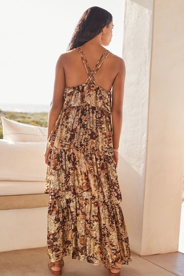 Buy Black Gold Shine Ruffle Tiered Strappy Maxi Dress from Next Netherlands