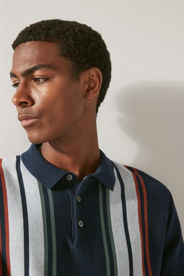 Buy Navy Blue Regular Vertical Stripe Long Sleeve Polo Shirt from