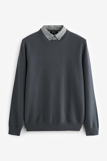 Buy Charcoal Grey Bubble Regular Mock Shirt Knitted Crew Jumper