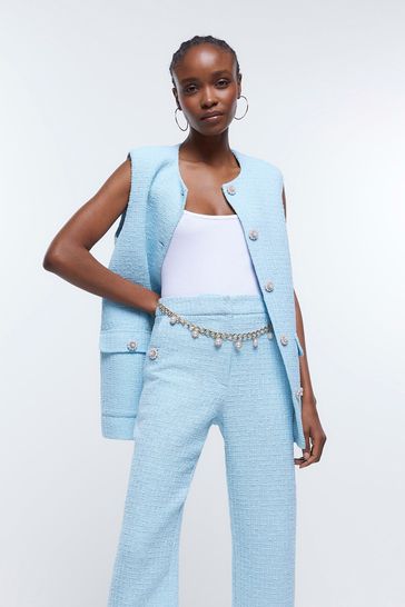 Buy River Island Blue Belted Boucle Crop Trousers from Next Poland