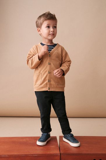 Tan Brown/Navy Blue Jersey Cardigan And Joggers 3 Piece Set (3mths-7yrs)