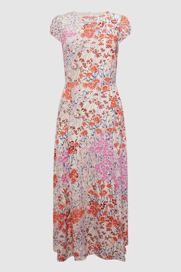 Reiss Coral White Luna Floral Print Cap Sleeve Dress