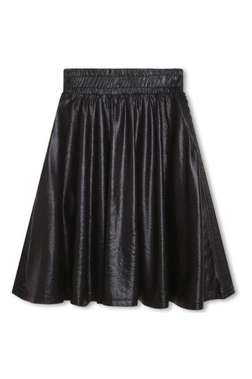 DNKY Black Shiny Leather Look Mid Length Logo Skirt