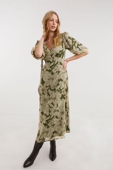 JD Williams Green Pistachio Floral Chiffon Tea Dress With Puff Sleeves And Open Back
