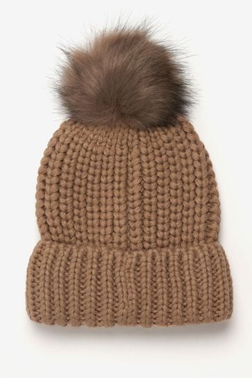 Barbour® Mink Brown Saltburn Cable Knit Pom Beanie Hat