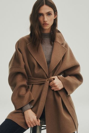 Buy Mocha Brown Handsewn Wool Blend Belted Coat from Next Ireland