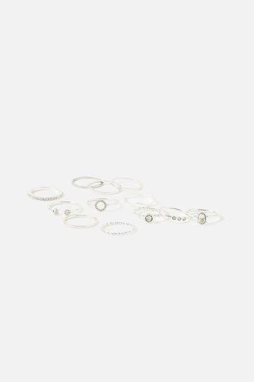 Accessorize Silver Tone Crystal Rings 12 Pack
