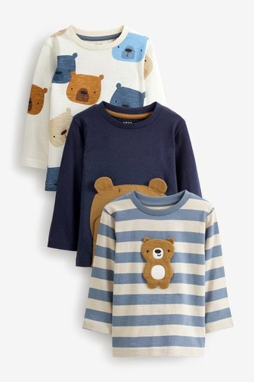 Blue/Brown Peekaboo Bear Long Sleeve Character T-Shirts 3 Pack (3mths-7yrs)