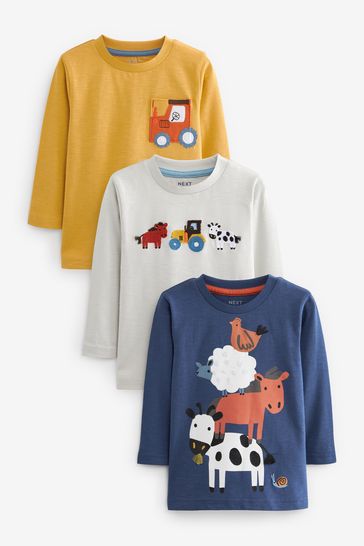 Blue/Ochre Yellow Farm Animals Long Sleeve Character T-Shirts 3 Pack (3mths-7yrs)