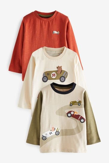 Green/Red Car Long Sleeve Character T-Shirts 3 Pack (3mths-7yrs)