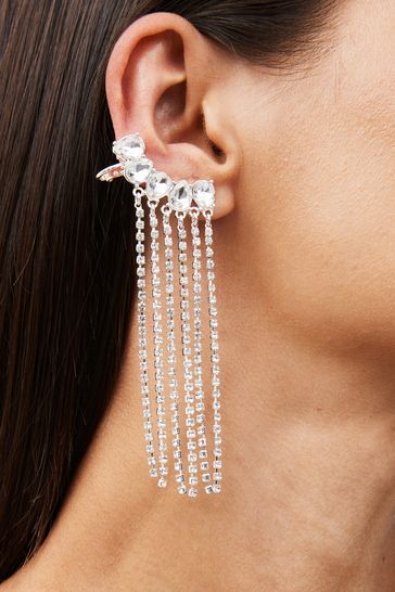 Silver Tone Recycled Metal Sparkle Drop Ear Crawler Earrings