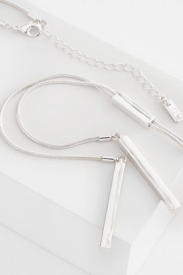 Silver Tone Long Bar Drop Y Necklace