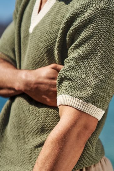Buy Green/Ecru Cream - EDIT Short Sleeve Knitted Trophy Polo
