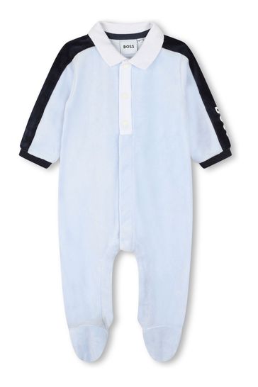 BOSS Baby Blue Logo Velour Sleepsuit