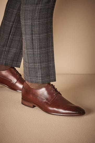 Dark Tan Brown Signature Textured Leather Derby Shoes
