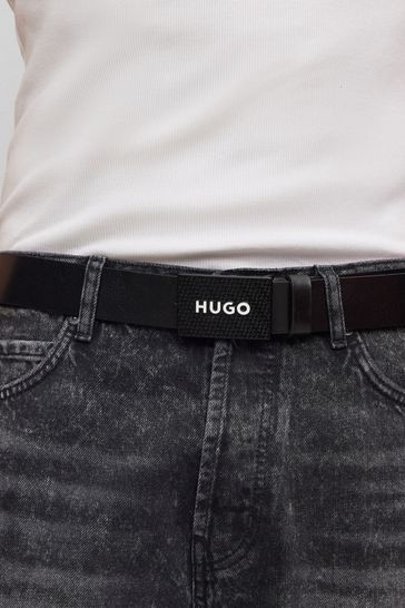 HUGO Gilao Logo Buckle Black Leather Belt