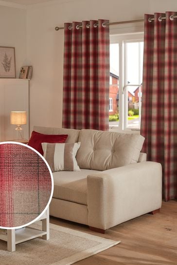 Red Traditional Check Lined Eyelet Curtains