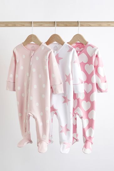 Pink White Two Way Zip 100 Cotton Baby Sleepsuits 3 Pack 0 3yrs