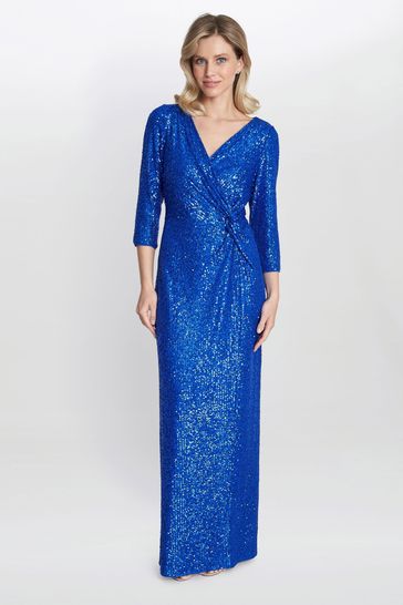 Gina Bacconi Blue Jacynda Sequin 3/4 Sleeve Wrap Dress With Twist