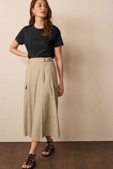 Natural Tailored Utility Detail Midi Skirt