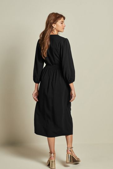 Black Button Down Long Sleeve Midi Dress