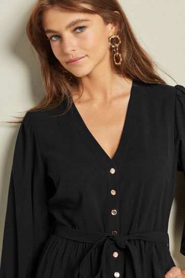 Black Button Down Long Sleeve Midi Dress