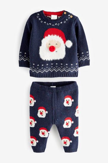 Navy Blue Santa Baby Knitted Jumper And Leggings Set (0mths-2yrs)