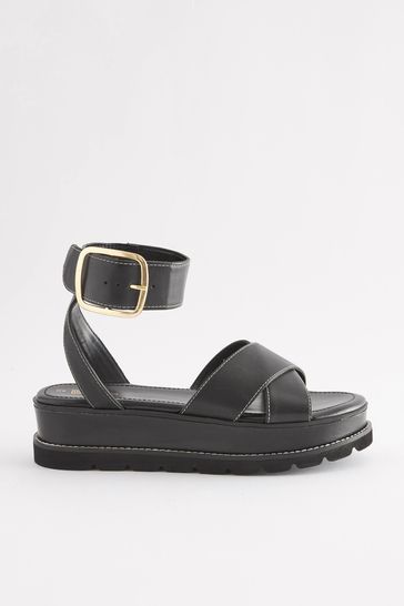 Buy Black Forever Comfort Leather Chunky Buckle Flatform Sandals