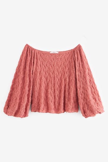 Buy Blush Pink Long Sleeve Textured Bardot Top from Next Luxembourg