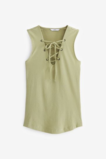 Khaki Green Sleeveless Lace Up Vest Top